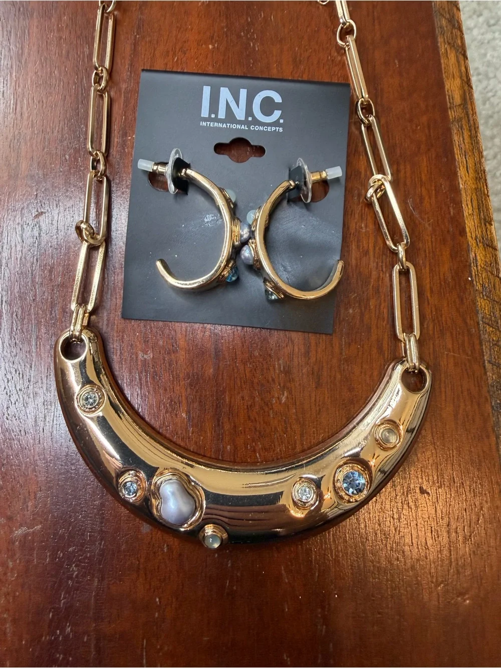 INC International Concepts Gold Crescent Necklace with Hoop Earrings